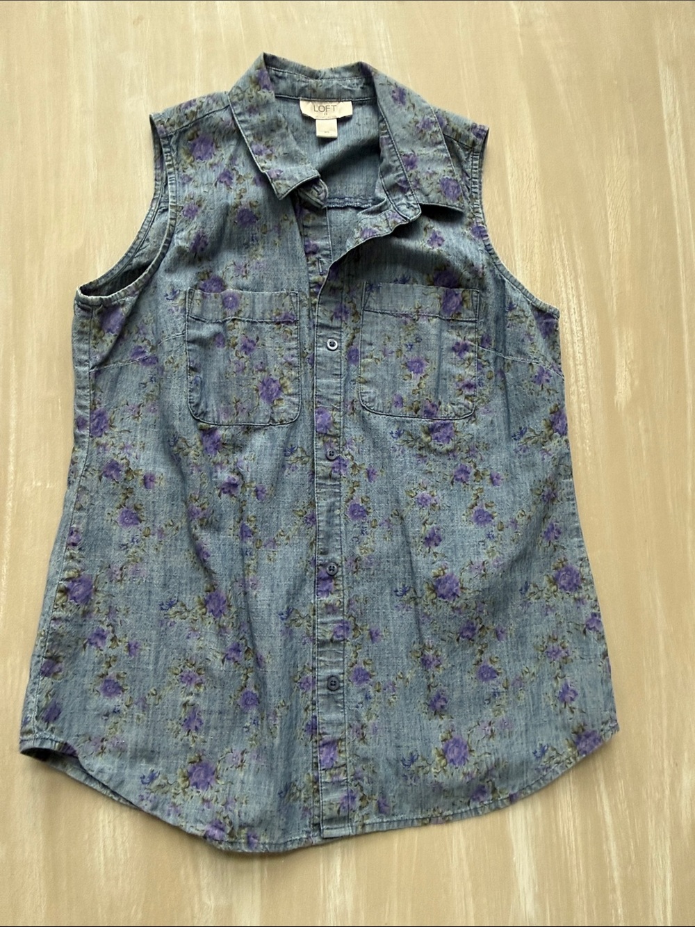 LOFT Blue Denim Sleeveless Button-Front Top with Purple Floral Print